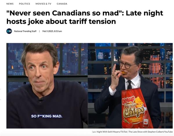 【视频】“从未见过加拿大人如此疯狂” 美国深夜主持人拿关税紧张开玩笑1